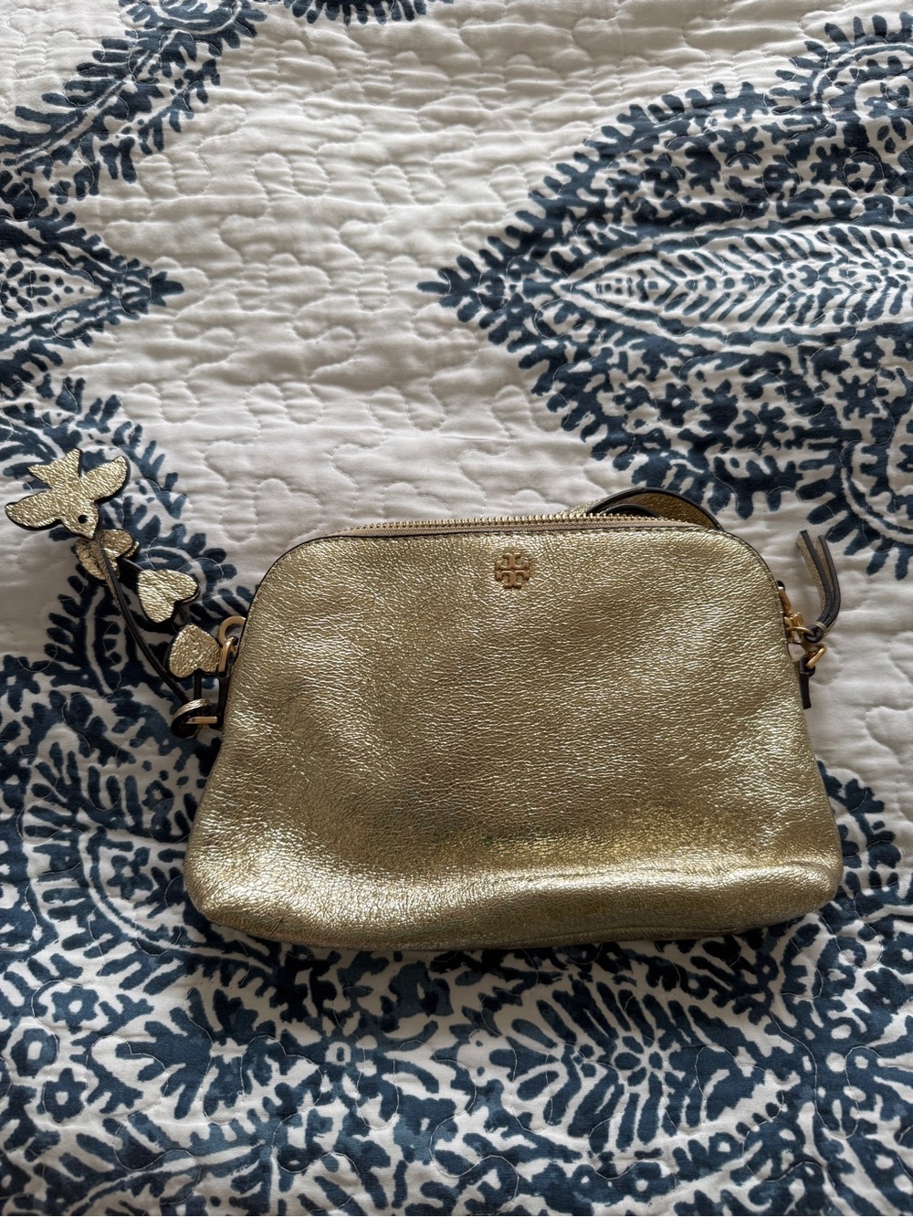 Tory Burch Metallic Gold Leather Crossbody with Dove and Floral Strap Detail